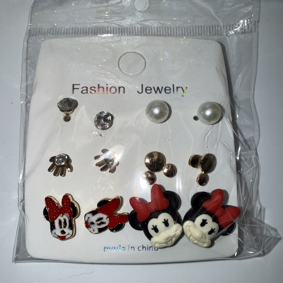 The Unbranded Brand Jewelry - Fashion Jewelry Minnie, Mouse Earrings Set Gold Tone Rhinestone Pearl 6 Pair